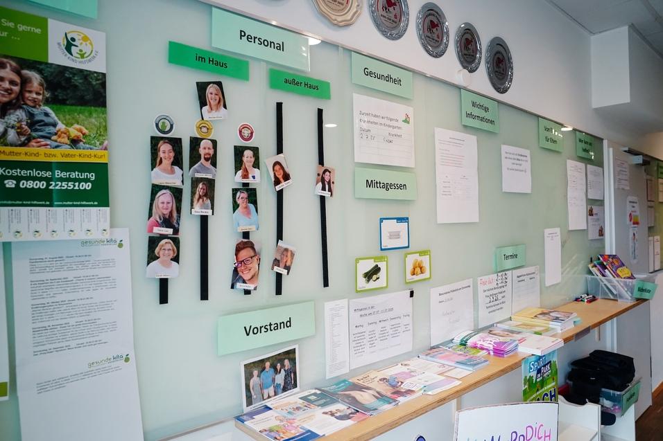 Wand mit Personalübersicht, Gesundheitsinfos und Informationen für Eltern in einem Kita-Bereich, darunter Informationsmaterialien.