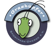 Logo des Sportparks „Grashüpfer“, zeigt ein cartoonhaftes Gesicht einer grünen Heuschrecke.
