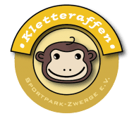 Logo der Kletteraffen mit freundlichem Affengesicht und dem Schriftzug „Kletteraffen“ sowie „Sportpark-Zwerge e.V.“