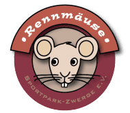 Logo der Rennmäuse mit cartoonhaftem Mäusekopf und Schriftzug „Rennmäuse Sportpark-Zwerge e.V.“ auf rotem Hintergrund.