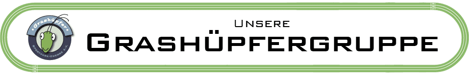 Logo mit dem Schriftzug „Unsere Grasshoppergruppe“ und einer stilisierten Grashüpfer-Illustration.