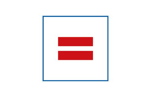 Logo mit einem roten Gleichheitszeichen auf weißem Grund, umrahmt von einem blauen Quadrat.