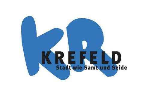 Logo der Stadt Krefeld mit der Aufschrift „KREFELD – Stadt wie Samt und Seide“ in blauer und schwarzer Schrift.